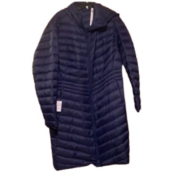 Land’s End Ultralight 800 down hood quilted zip long packable coat Navy Small - Picture 3 of 13